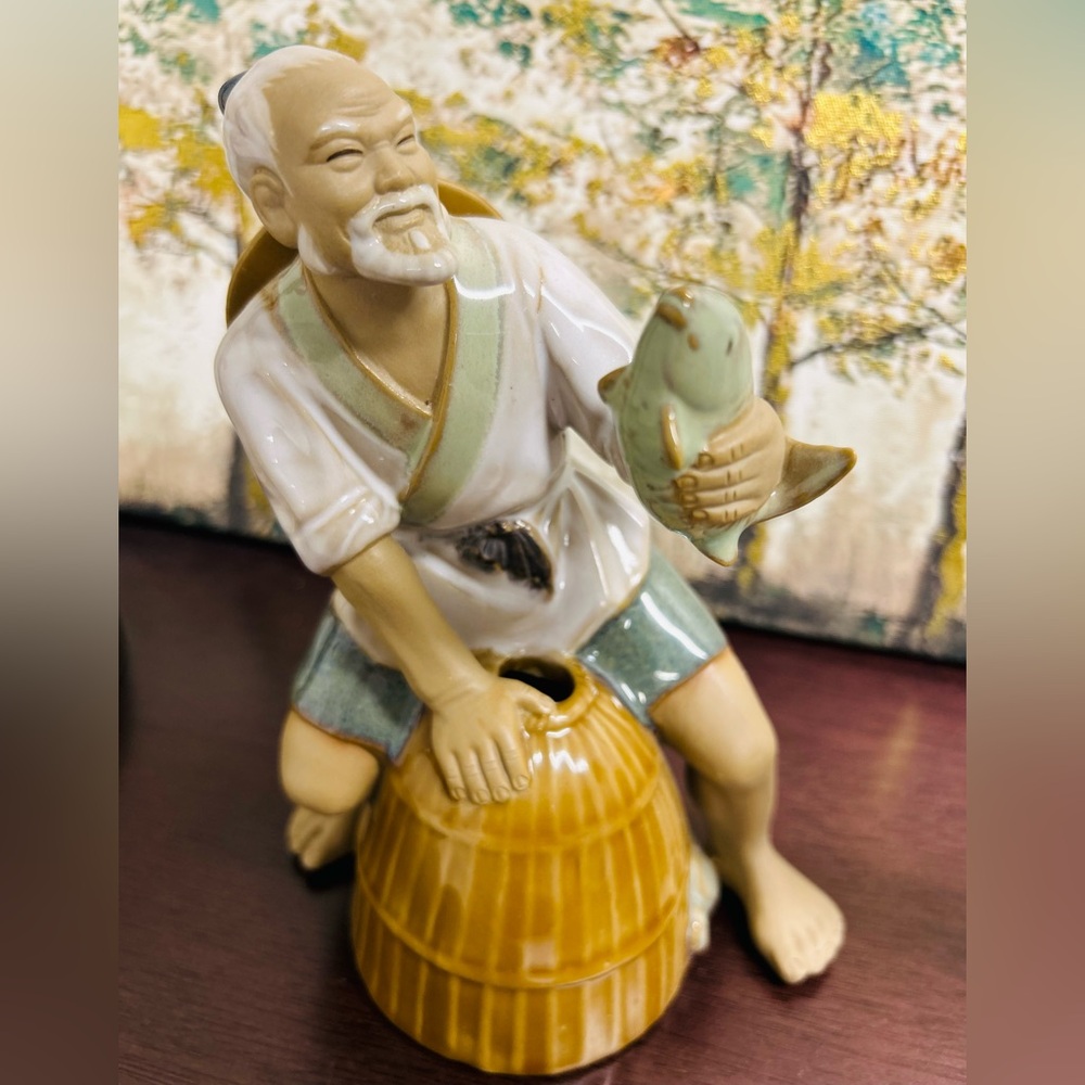 SHIWAN Glazed Ceramic Pottery Chinese Mudman Fishing Fishermen with Basket